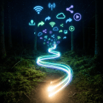 A glowing trail of light in a forest leading to floating neon digital icons.